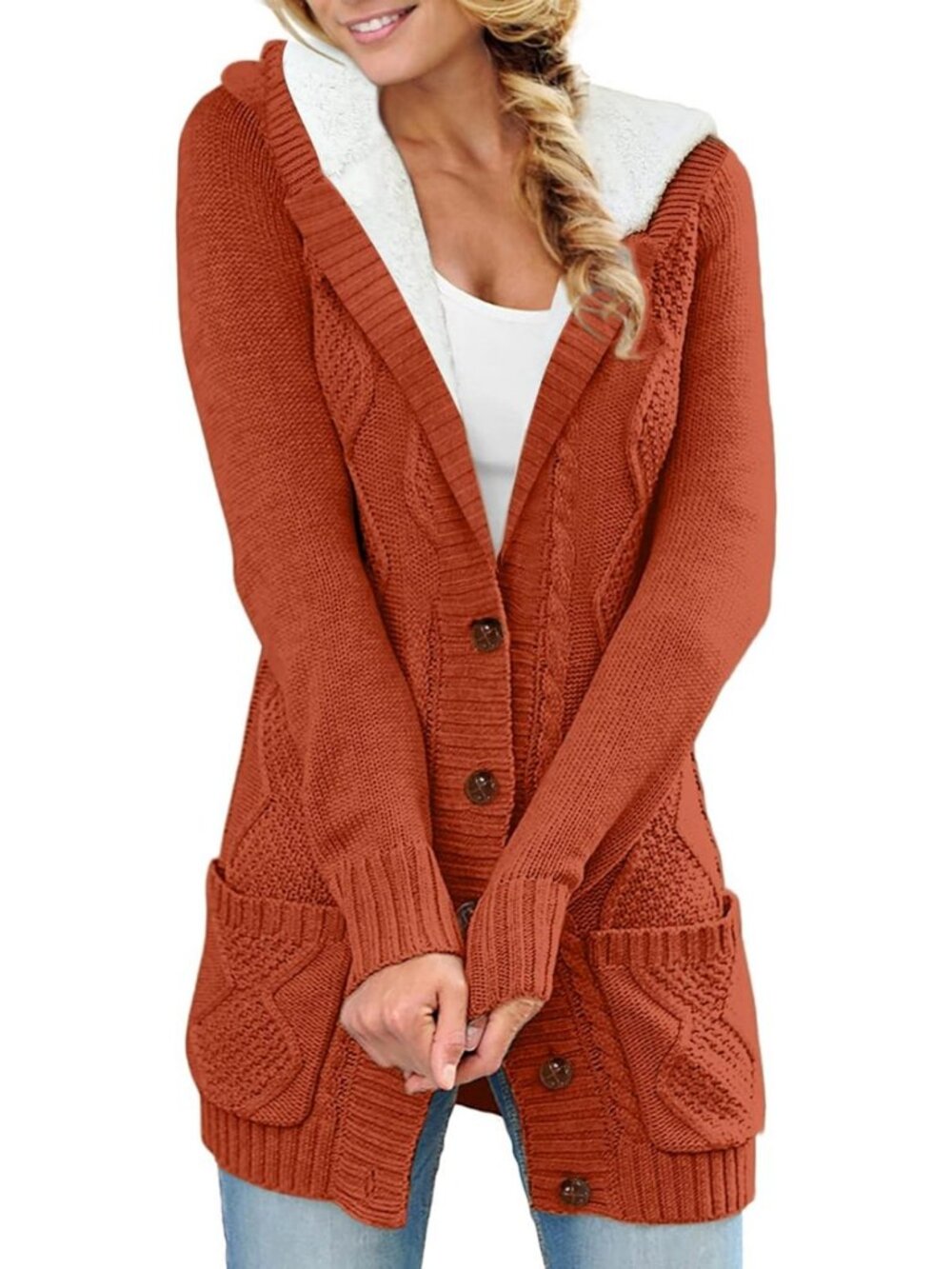 Cozy Cable Knit Fleece Lined Hooded Cardigan Sweater for Women - Perfect Fall